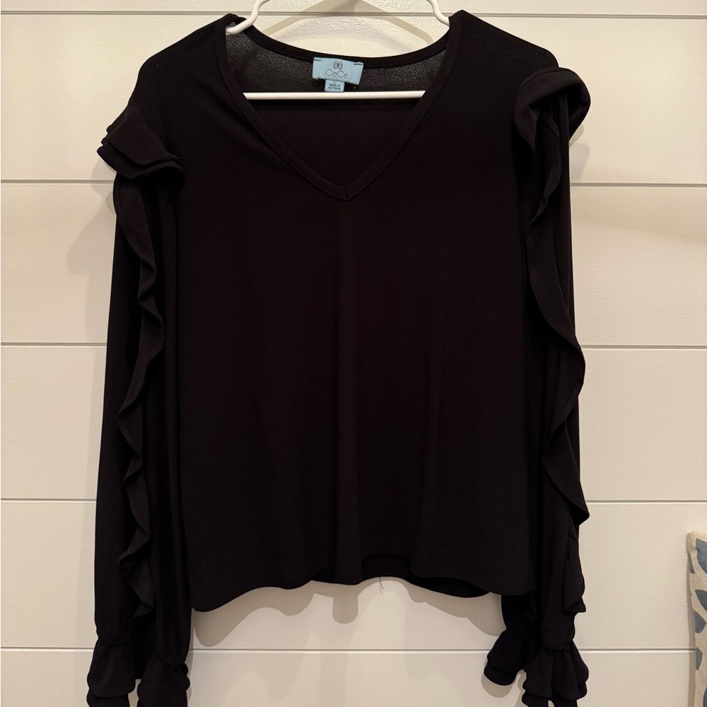 CeCe Black Ruffled Long Sleeve Blouse, Women’s L